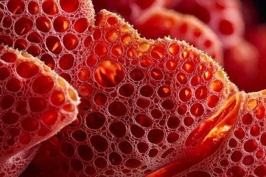 Abstract Close-Up of a Vibrant Red Sea Sponge Surface with Intricate Porous Structure and Complex Texture