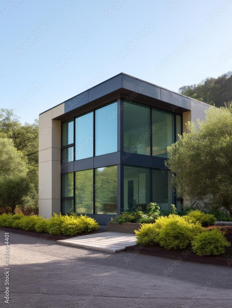 Poster modern two-story building with a flat roof and large windows. the building is located in a wooded ar