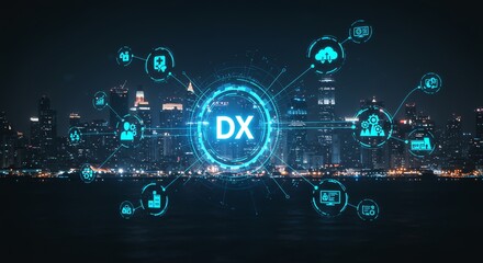 Futuristic Digital Transformation Over Cityscape at Night