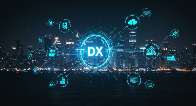 Futuristic Digital Transformation Over Cityscape at Night - Powered by Adobe