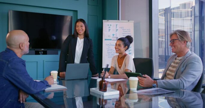 Presentation, business woman and board meeting with tech and investment progress with data breakdown. Equity, speaker and strategy planning with team performance review and analysis with chart report