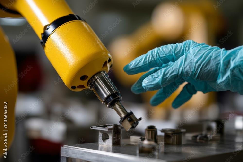 Poster automated arm engaged in fine assembly procedure with glove handling small metal parts for advanced 