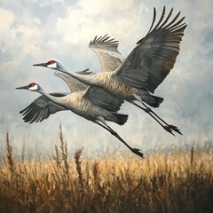 Fototapeta premium Pair of sandhill cranes flying over calm waters at dawn