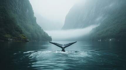 Fototapeta premium Majestic whale tail emerging from mist-shrouded fjord