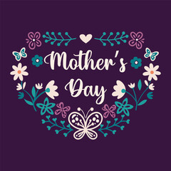 Mother's Day Card with Floral Wreath and Butterfly – Night Background Vector