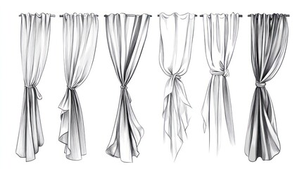 Various curtain styles, hanging, white background, home decor