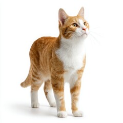 Orange tabby cat standing isolated on white background