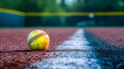 A worn softball rests on the baseline of a playing field, symbolizing the grit and passion of the sport.