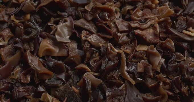 Dried, hydrated and chopped mun mushrooms as an abstract food pattern. Zoom in while rotating.