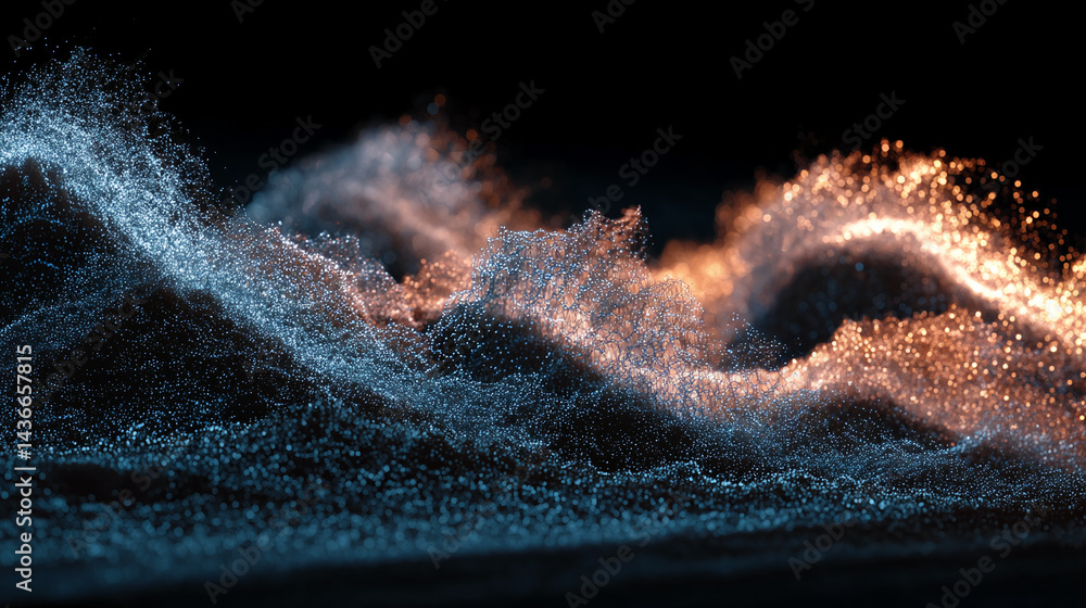Poster abstract image of blue and orange glowing particles forming undulating waves, suggesting energy, mot