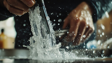 Bartender Making a Cocktail with Ice and Water Splashes