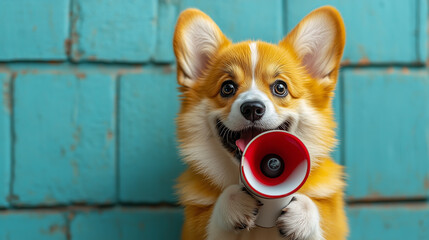 Corgi Holding a Red and White Speaker on a Bright Blue Background