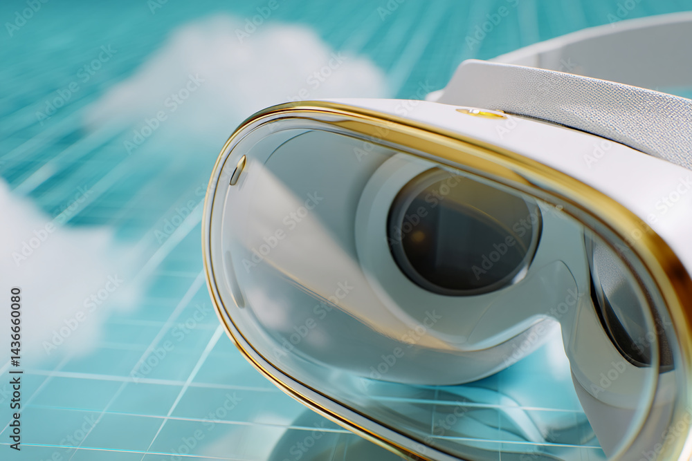 Poster close-up of white vr headset with gold accents, resting on a teal grid surface with blurred clouds i