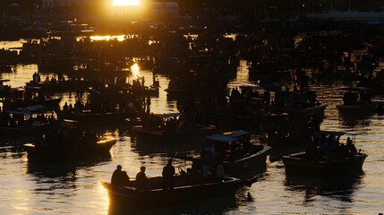 Floating Market Scene at Dawn with Boats and Shimmering Water