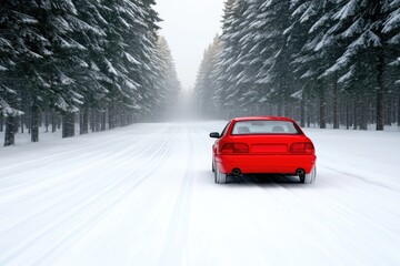 Naklejka premium Red car driving on snow-covered road surrounded by tall evergree