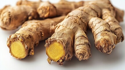 Fresh ginger roots with rough skin and vibrant yellow interiors, isolated on a white background.