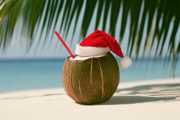 Festive coconut drink adorned with Santa hat, surrounded by trop