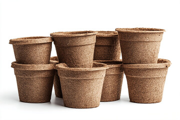 Stack of natural brown peat pots.