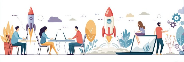 People Working Together to Launch a Rocket From a Laptop in a Vibrant Startup Environment Filled With Creative Energy and Innovation