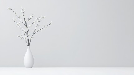 A white vase with delicate branches on a minimalist white table against a plain light gray wall, and showcasing simplicity and elegance in home decor.