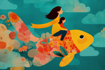 Obraz premium A Mother's Love: A Whimsical Journey of Dreams and Hope, Illustrated with Vibrant Colors and Artistic Flair Mother’s Day