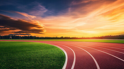 Stunning Sunset over a Running Track at a Sports Field Athletic Track Green Grass Evening Sky.