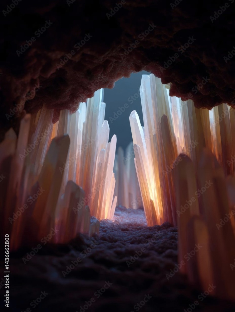 Poster group of crystal formations inside a cave. the formations are made up of long, pointed crystals that