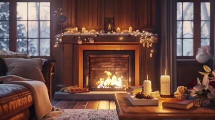 Fototapeta premium Cozy fireplace with a luxury home interior.