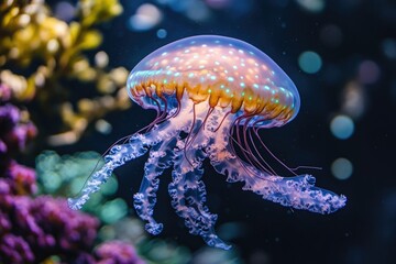 Fototapeta premium A bioluminescent jellyfish gracefully floats in the ocean depths, its bell adorned with vibrant spots.