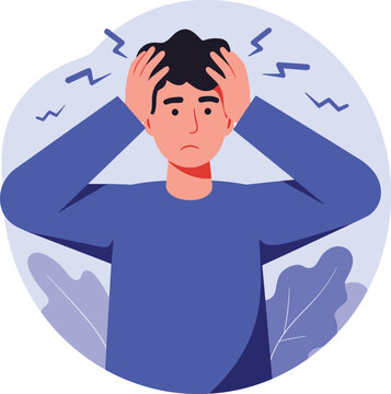 Man experiencing headache and stress symptoms in blue shirt vector illustration 