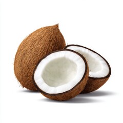 Coconuts whole and halved still life on white background