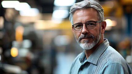 Obraz premium Man with Glasses in Industrial Setting