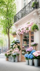 Obraz premium Picturesque Parisian flower shop with vintage facade and lush blooms Generative AI
