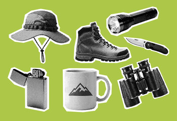 set of outdoor elements, flashlight, hiking boot, lighter, hat, mug, binoculars, retro halftone effect, vintage photocopy collection
