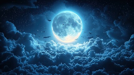 Full Moon Shining Brightly Over Clouds with Bats in Night Sky