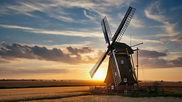 Sunset silhouette of a classic windmill in a golden field