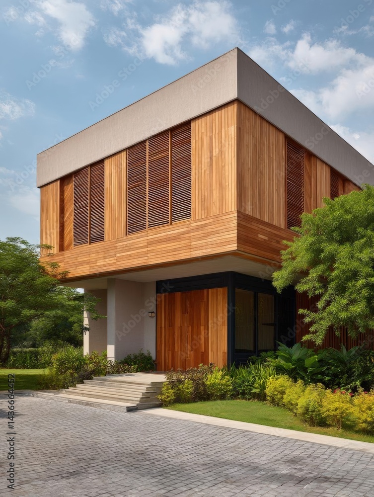 Poster 3d rendering of a modern two-story house. the house has a rectangular shape with a flat roof and a l