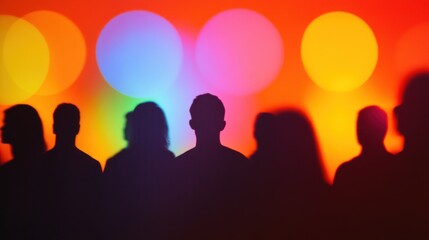 Silhouetted figures stand against a vibrant backdrop of blurred colorful lights.