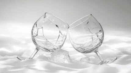Cracked and broken wine glass, isolated on a white background, artistic lighting 