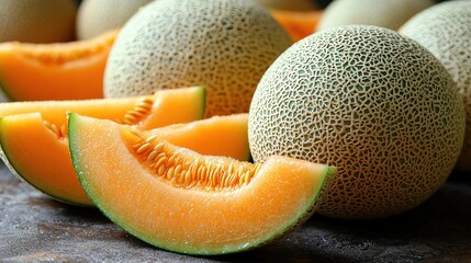 Cantaloupe Slices and Whole Melons Freshly Cut Ready to Eat