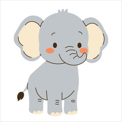 Flat style illustration of a cute baby elephant standing with a cheerful expression, ideal for childrens books, educational materials, and animal-themed designs.