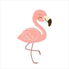 Flat style illustration of a cute pink flamingo standing on one leg, ideal for childrens projects, animal-themed designs, and playful tropical decor.