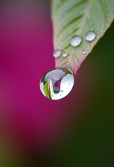 drop of water sitting on top of a green leaf