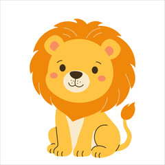 Flat style illustration of a cute lion sitting with a happy expression, perfect for childrens books, educational projects, and jungle-themed designs.