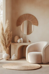 Cozy modern interior featuring a plush chair, wooden desk, decorative vases, and natural elements in a serene setting