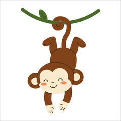 Flat style illustration of a cute monkey hanging upside down by its tail on a vine, perfect for childrens projects, jungle themes, and playful animal designs
