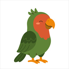 Flat style illustration of a cute green parrot with orange face, standing happily, ideal for childrens books, educational materials, and animal-themed designs