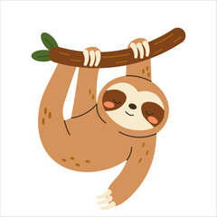 Flat style illustration of a cute sloth hanging from a tree branch, ideal for childrens books, educational materials, and jungle-themed design projects. © Enlik