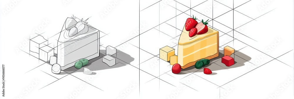 Aufkleber Isometric Cake Slice With Colorful Fruit Cubes and Shadow Grid Showcasing Intricate Details From a 3D Perspective in a Creative Setup