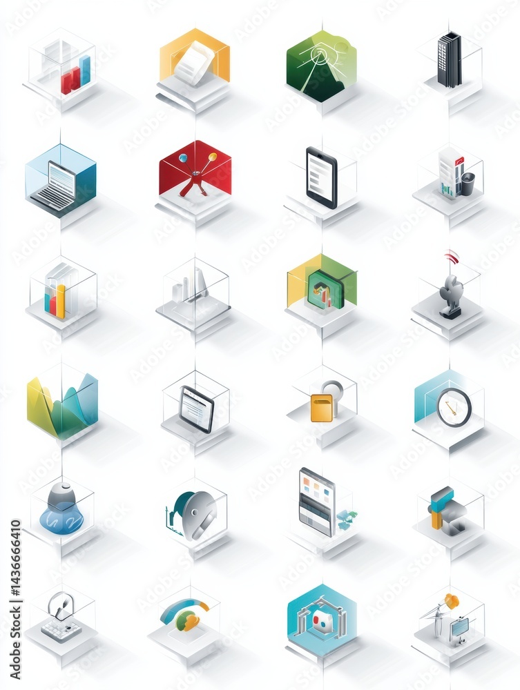 Poster isometric icons and digital symbols arranged on a clean grid background showcasing various technolog